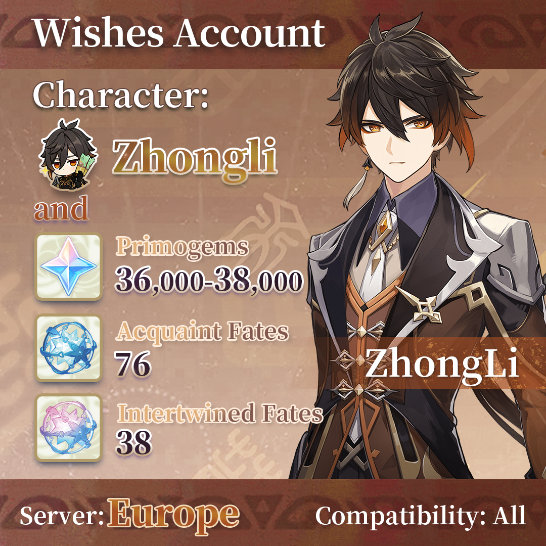 【Europe】Genshin Impact Wish Account with Zhongli