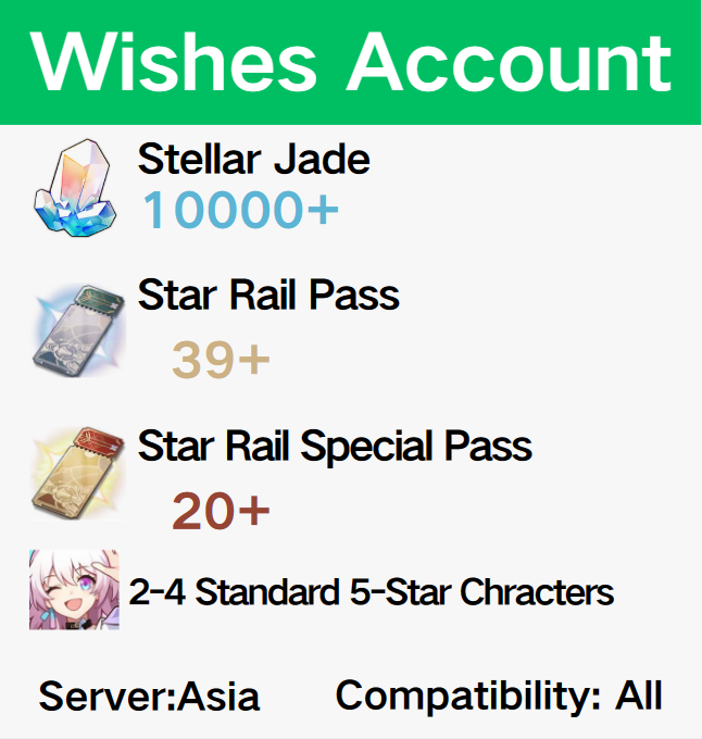 【Asia】HSR Accounts with over 180  wishes and 2-4 5 Star Chracters